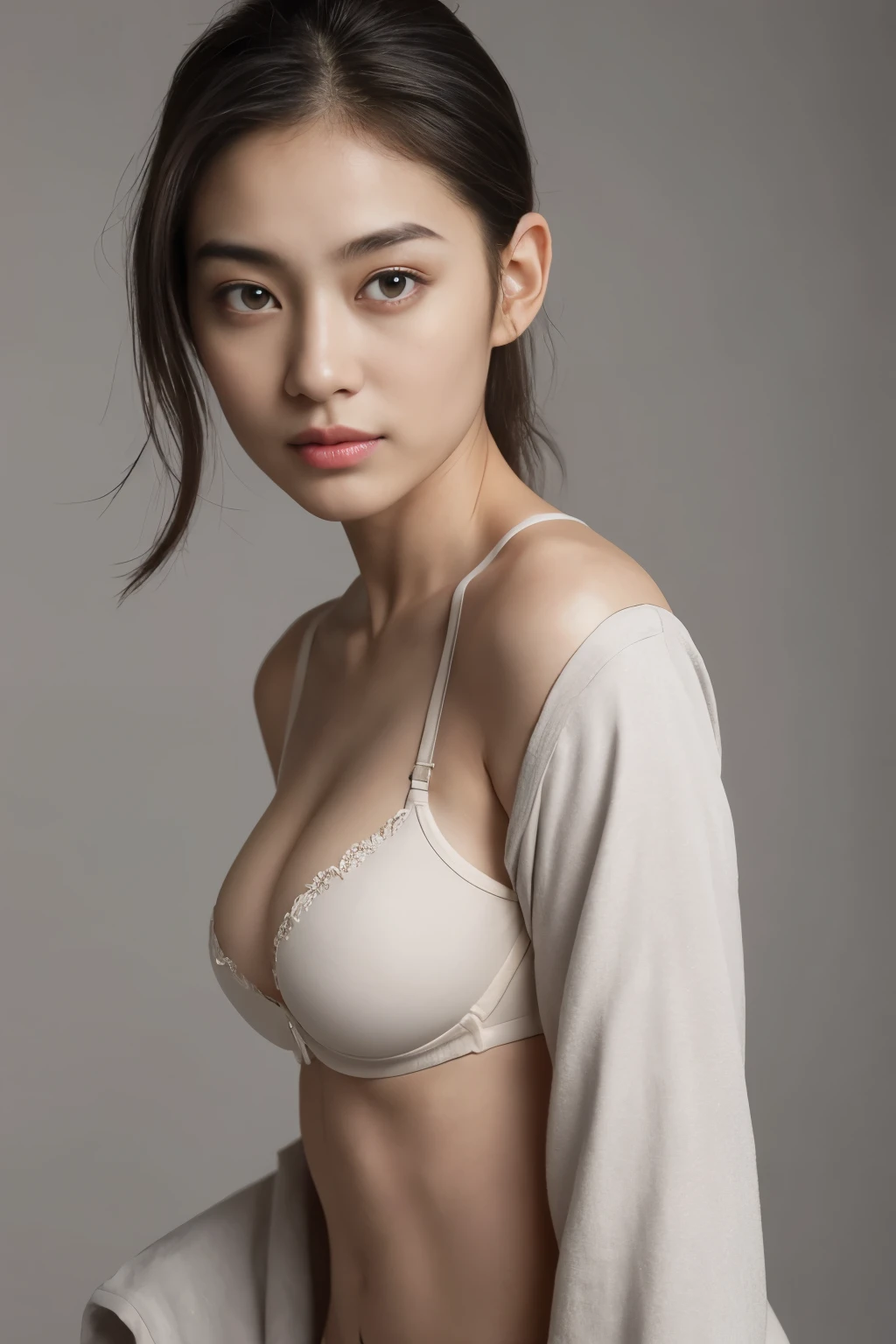(colored picture), Photo realistic of beautiful asian、slender abs, (Highlight Haircutreast B Cup:1.2), medium breast, round shape breast, perfect shape breast,(( fabric bra and panties )),((wearing biker jacket and biker suits, deep neck line)), As she confidently posing for camera, hair top knot, gray background, studio light setup, full body, Stand straight facing the camera, equally body, equally shoulder