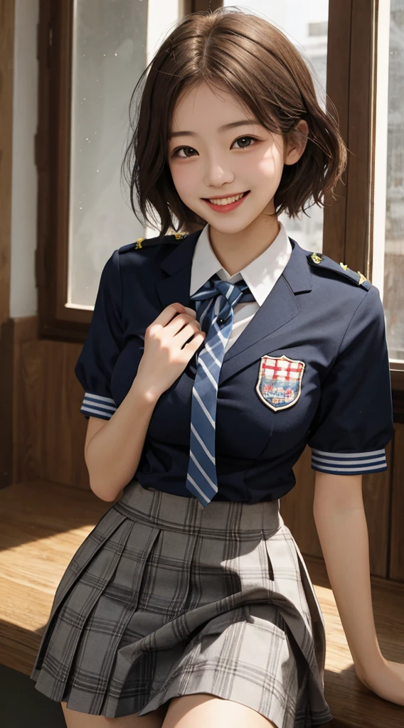 girl, one, best quality, beautiful, cute, breast-large, short-haired, masterpiece, brown-haired, smiling, schoolgirl, uniform, panty shot