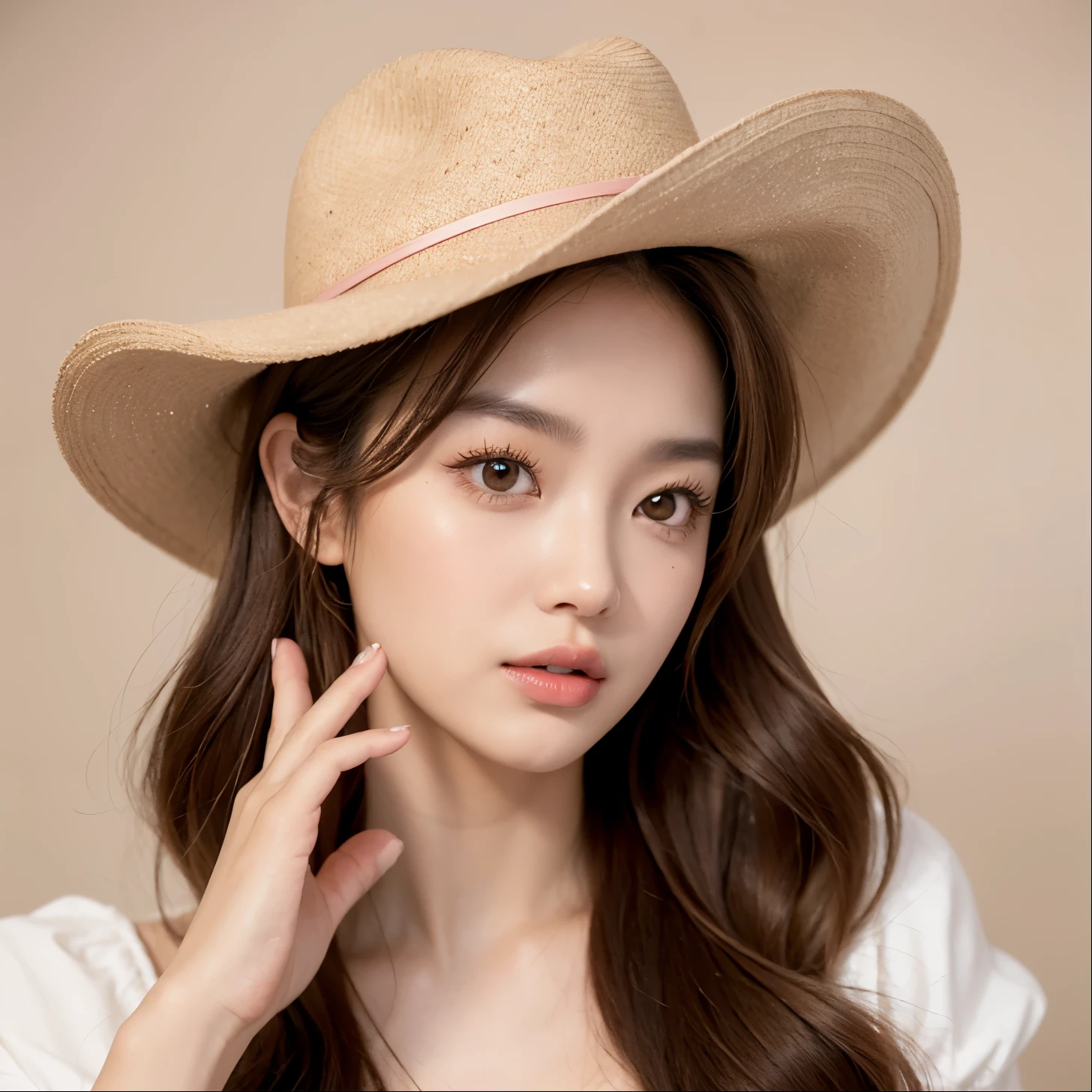 Kim Jennie, with light brown hair and curlers, with a brown cowboy hat, brown eyes, pretty and pink heart-shaped lips ñ, rostro bonito, pale and white skin, con un rubor rosa suave, rostro delgado, nariz bonita y respingada, cuello bonito, with beautiful collarbones,