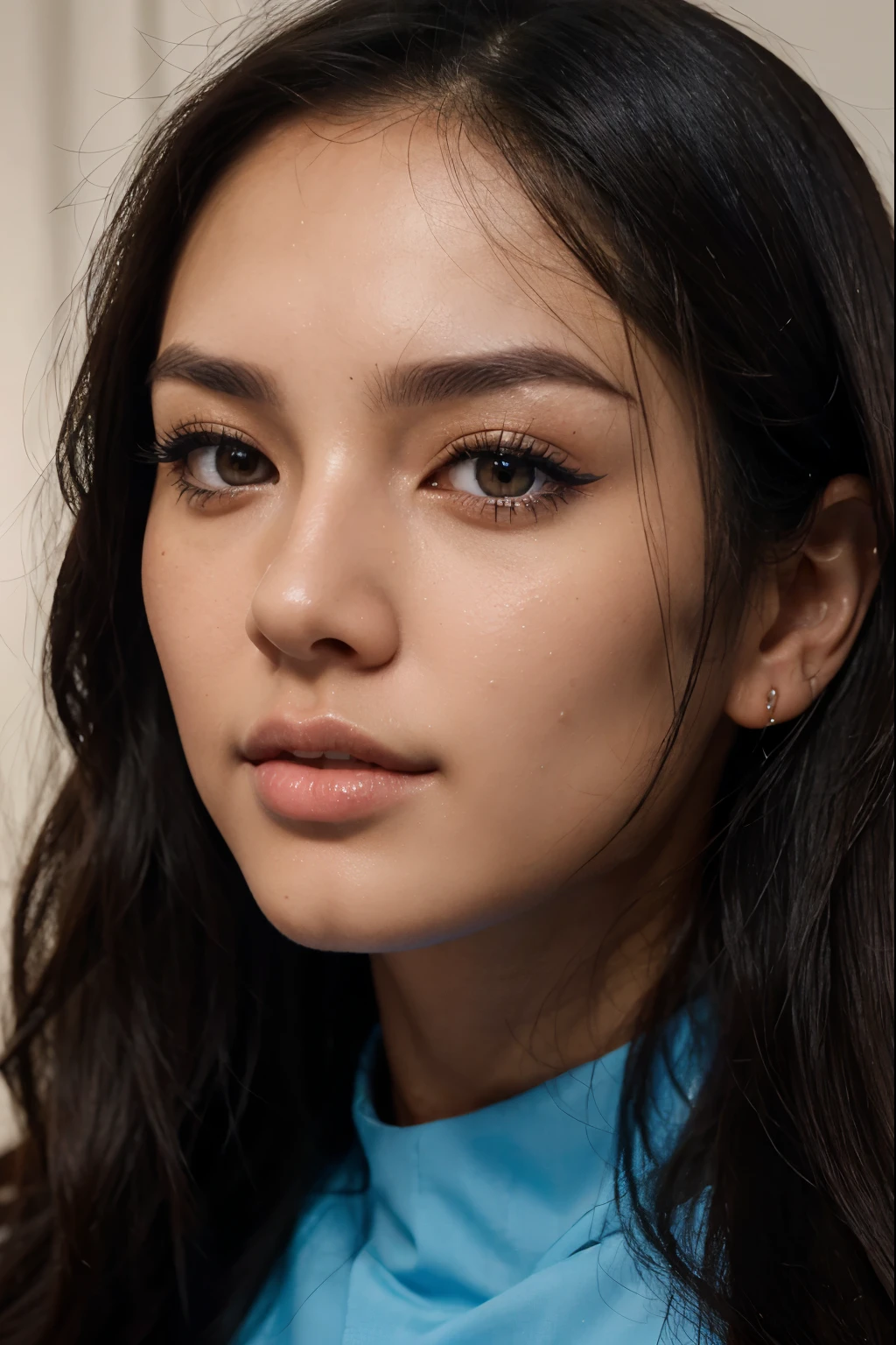 a woman with long dark hair and a blue shirt, a digital rendering inspired by Natasha Tan, tumblr, realism, detailed flawless face, sexy face with full makeup, flawless olive skin, detailed and perfect face, full face close up portrait, long lashes, detailed face of a asian girl, gorgeous latina face, stunning closeupheadshot, close up face, detailed gorgeous face