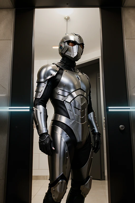 homem vestindo uma armadura preta futurista em frente a 5 portais abertos guardando a entrada, behind him inside each portal is a random image of the corresponding dimension of that portal