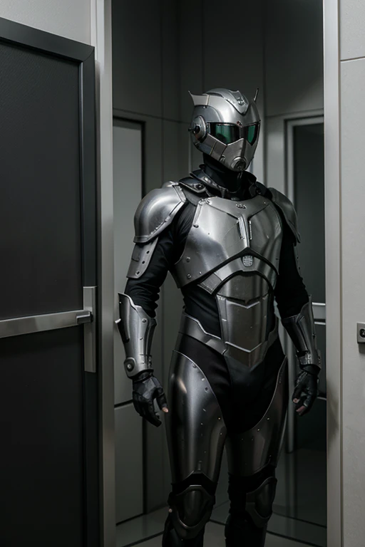 homem vestindo uma armadura preta futurista em frente a 5 portais dimensionais abertos guardando a entrada, behind him inside each portal is a random image of the corresponding dimension of that portal