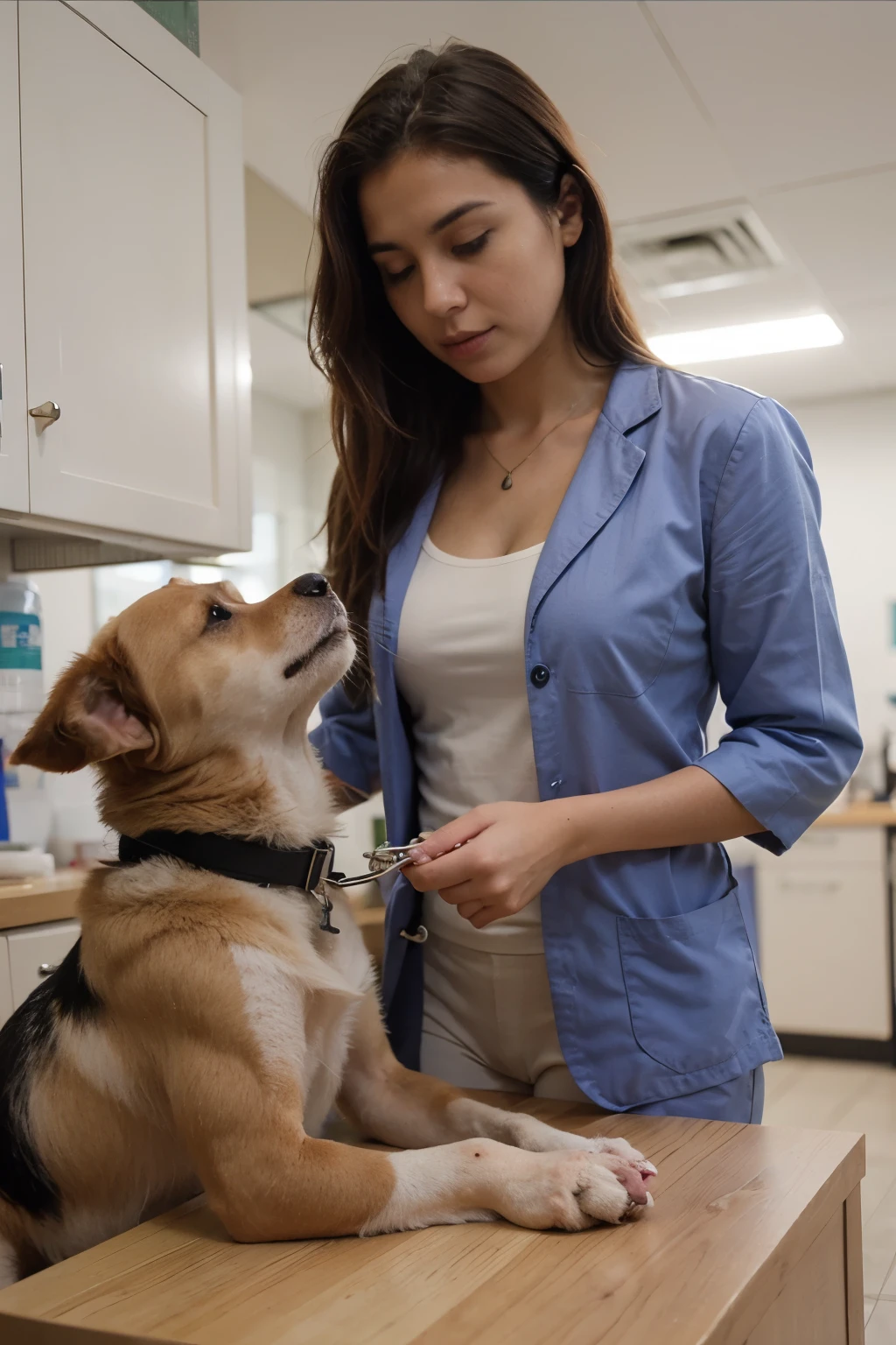 mujer doctora sosteniendo a un perro en veterinaria
