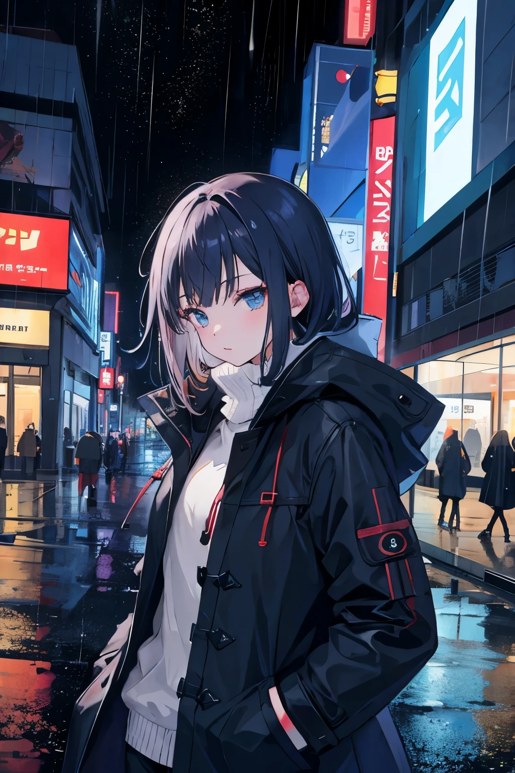 1girl,night city,rain,coat,hands in pockets