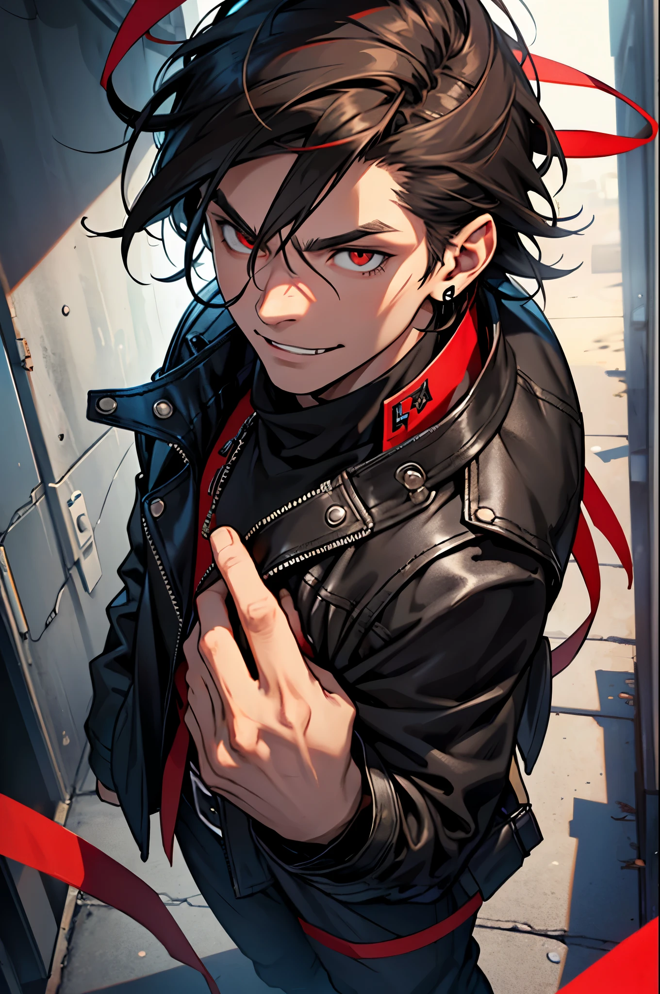 named Damon. He loves wearing a black leather jacket, black jeans and heavy boots. He has a charismatic appearance, but his psychotic face and red eye can cause others to feel mistrust and misunderstanding. Damon often falls into melancholy and his mind literally burns with the fire of passion. Damon is a fragile and vulnerable person on the inside., who tries to hide his true essence behind the mask of a rebel. Hair long black-brown, earrings with long red ribbons, small face, Snide Face, Strange smile, big bangs, boy