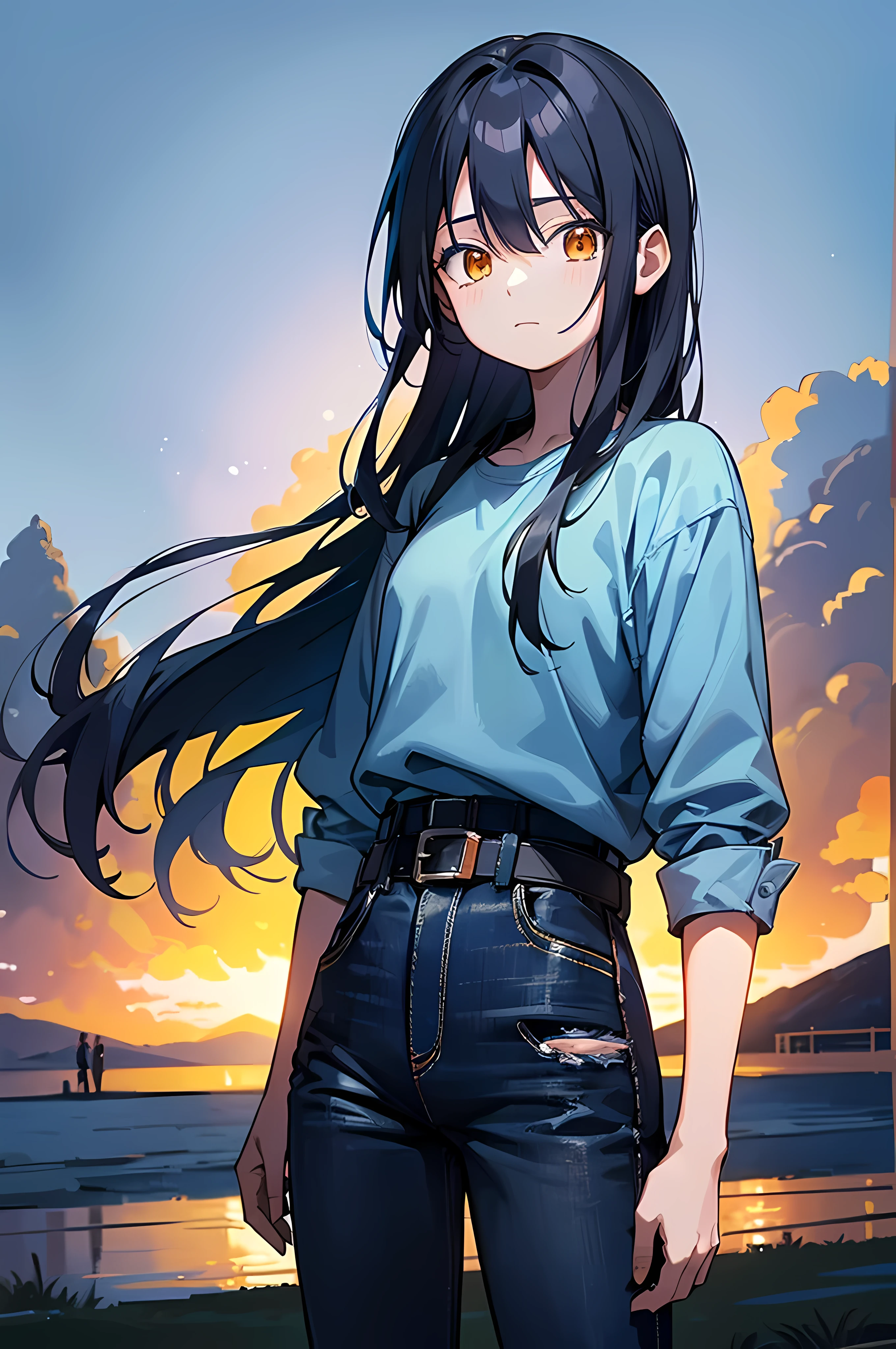 (8K Ultra High-Quality) (Masterpieces) (Image) (人物: Rimuru) 1 Girl 17years old, Long Black hair, Orange eyes colors, wearing Jean Shirt, wearing Blue Jean with cowboy belt, background in park, mysteries face looking at viewer.