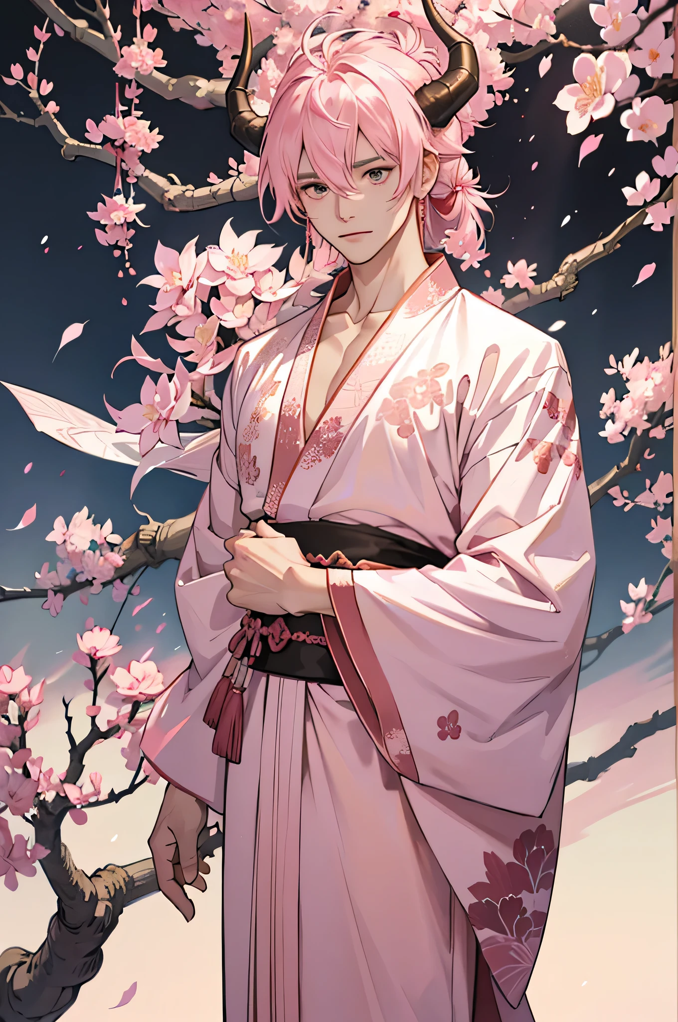 pink,Japanese dragon man,sakura tree branches as horns,sakura petals,open chest white and pink kimono,standing,sakura tree,dragon scales,golden scales,serene expression,traditional Japanese anime art style,soft pastel colors,ethereal lighting