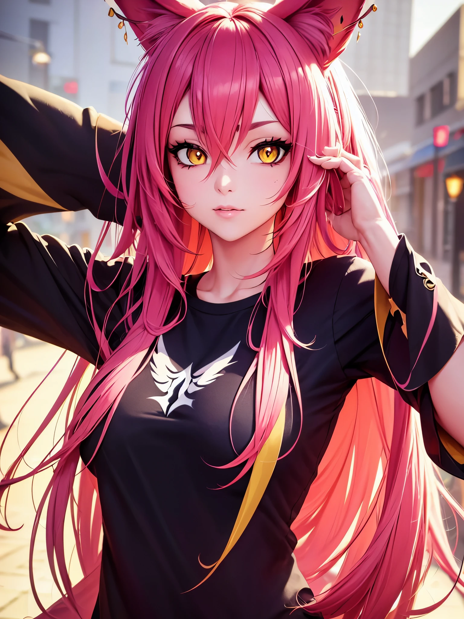 Xayah, t-shirt, animal ears, yellow eyes, pierced nose, casual clothes, portrait, stunning, hair over shoulder, hoodless, beautiful, 4k, ultra-detailed, realistic, vibrant colors, soft lighting