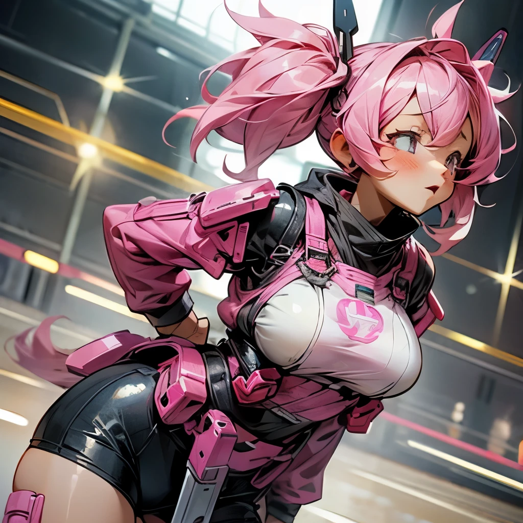 photo of makima \(chainsaw man\) with braid, large breasts, nurse cap, revealing clothes, shrug (clothing), short sleeves, layered bikini, purple bikini, green bikini, green gloves, elbow gloves, pink belt, black skirt, microskirt, green thighhighs, garter straps and a huge ass and  squatting in a gym with soft lighting, ,(muscular with abs:1.1), (light skin), (sweating:1.4) ,(beautiful scenery),(perfect face), masterpiece, blush, 1girl, solo, choker, full body, legs open, arms up, nsfw, exhibitionism, wet skin,