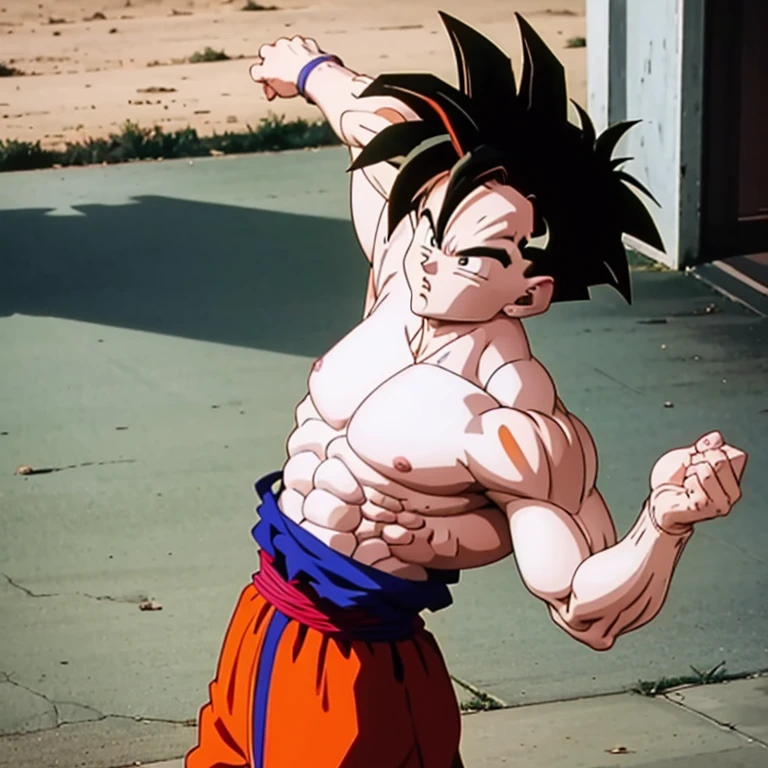 (Eine detaillierte Zeichnung von gohan, bodybuilding gym.), shirtless, huge muscle Body, Big Bizeps, Big shoulders, muscukar legs,abs, barefoot, mma, boxing