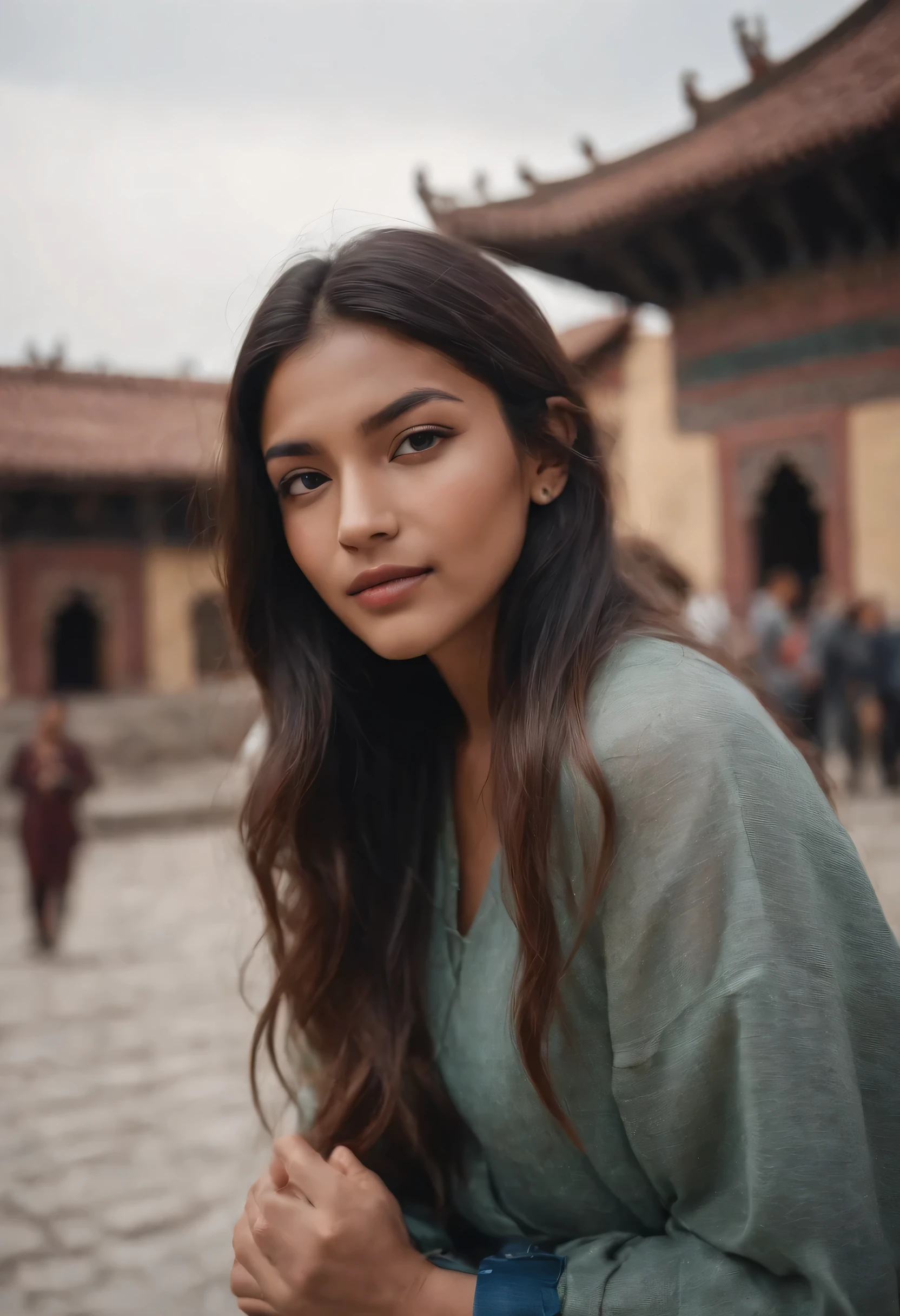 travellers, in the style of rap aesthetics, girl,Indian,make for a memorable photo. The background to the ancient temples and palaces of Kathmandu ,photo taken with fujifilm superia, charly amani, oversized portraits, babycore, upper body don't change the face, natural long hair, hyper realistic face