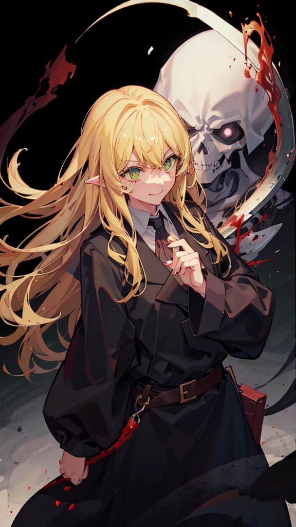 1 person、blonde、green eyes、wavy hair、smile、Big sickle、blood return、grim Reaper、black clothes、white background、simple background