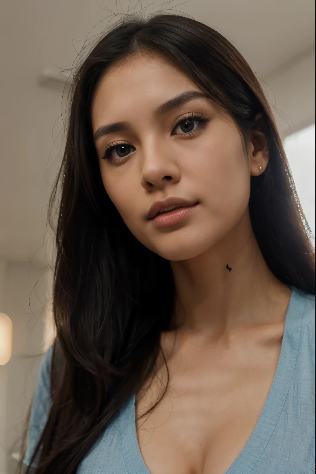 a woman with long dark hair and a blue shirt, a digital rendering inspired by Natasha Tan, tumblr, realism, detailed flawless face, sexy face with full makeup, flawless olive skin, detailed and perfect face, full face close up portrait, long lashes, detailed face of a asian girl, gorgeous latina face, stunning closeupheadshot, close up face, detailed gorgeous face, in the club