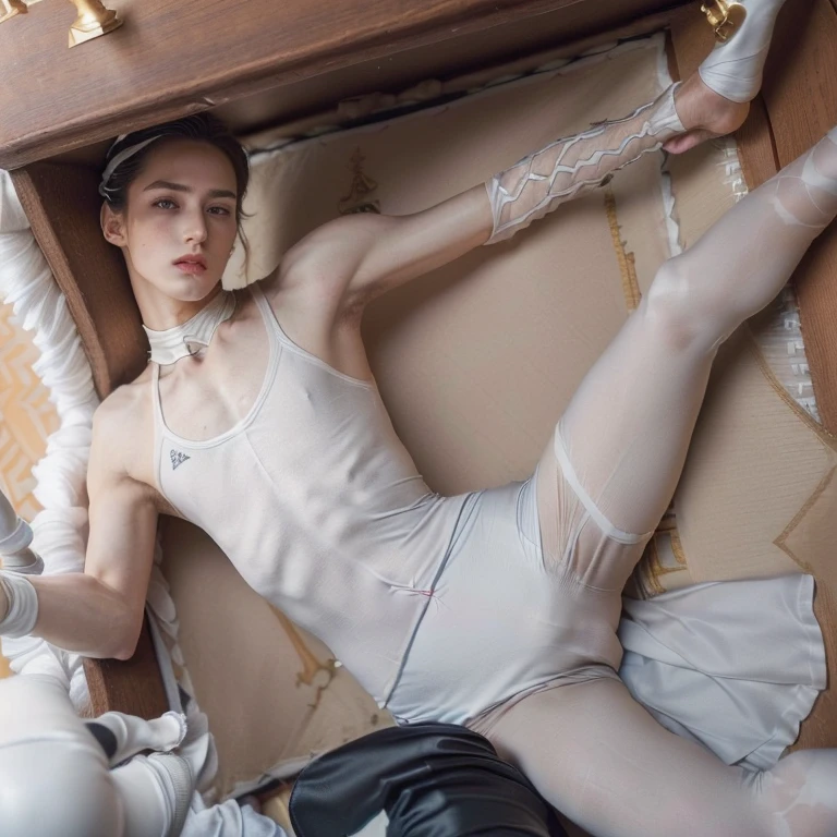 (4k, best quality, masterpiece, photo, beautiful eyes, ballet tights, lifelike crotch bulge, ballet style, looking at viewer:1.35), (tall androgynous male, chess ballet, checkmate, you played white and lost, your white king will be castrated because you failed, groin hit:1.5)