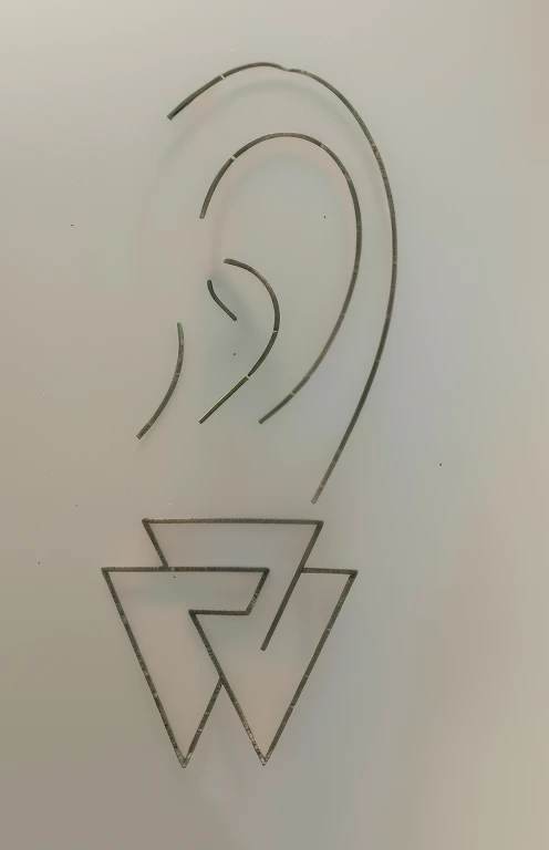a close up of a metal ear with a wire in the shape of a , sharp metal ears, metal ears, two pointed ears, pointed ears, 2 d lasercut earrings, ancient symbol behind it, sleek metal ears, outlined!!!, thick outline, an earring, outlined, hatched pointed ears, very detailed face and ears, pointy ears