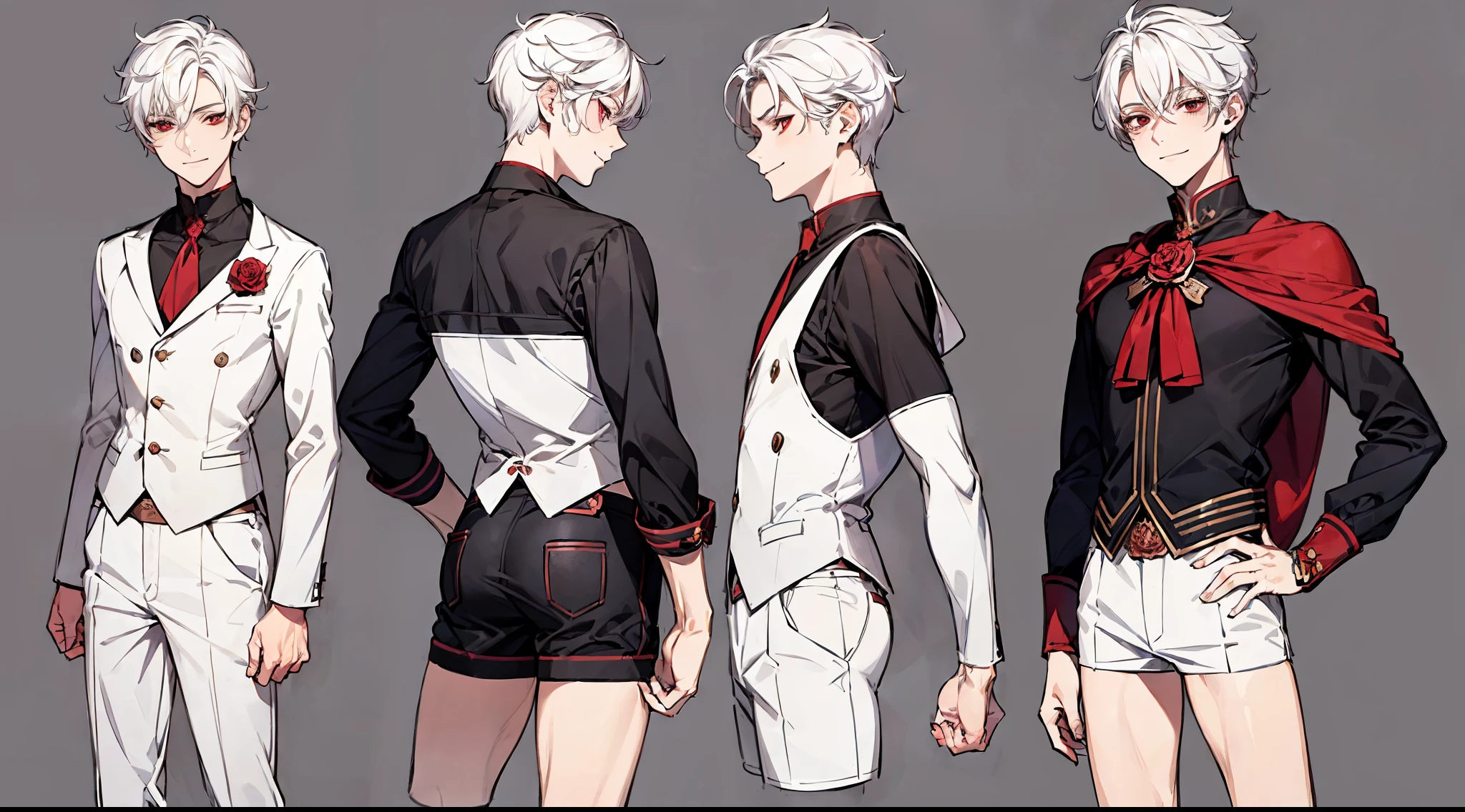 ((masterpiece)),(((best quality))),(character design sheet,same character,front,side,back), Reference sheet of a cute boy, short white hair, red eyes, smiling, black sailor outfit with short shorts, red rose as accessory, detailed face, detailed hair, (simple background, white background: 1.3)