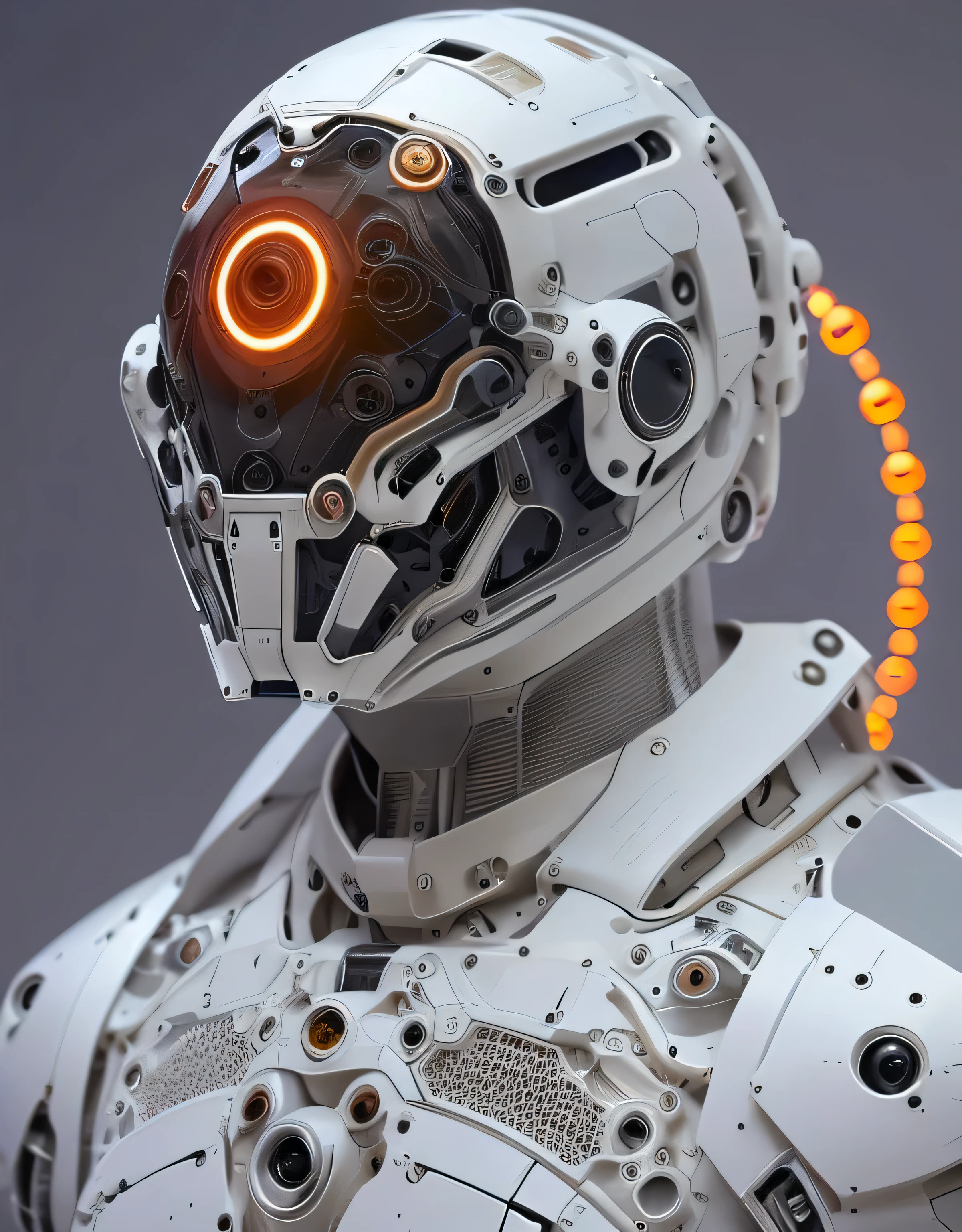 1 robot, organic, orange glowing eyes, cyberhelmet, long hair, white plastic, diffuse lighting, fantasy, intricate, elegant, highly detailed, lifelike, photorealistic, smooth, sharp focus, art by John Collier and Albert Aublet and Krenz Cushart and Artem Demura, wires, tubes, dark room, dim light