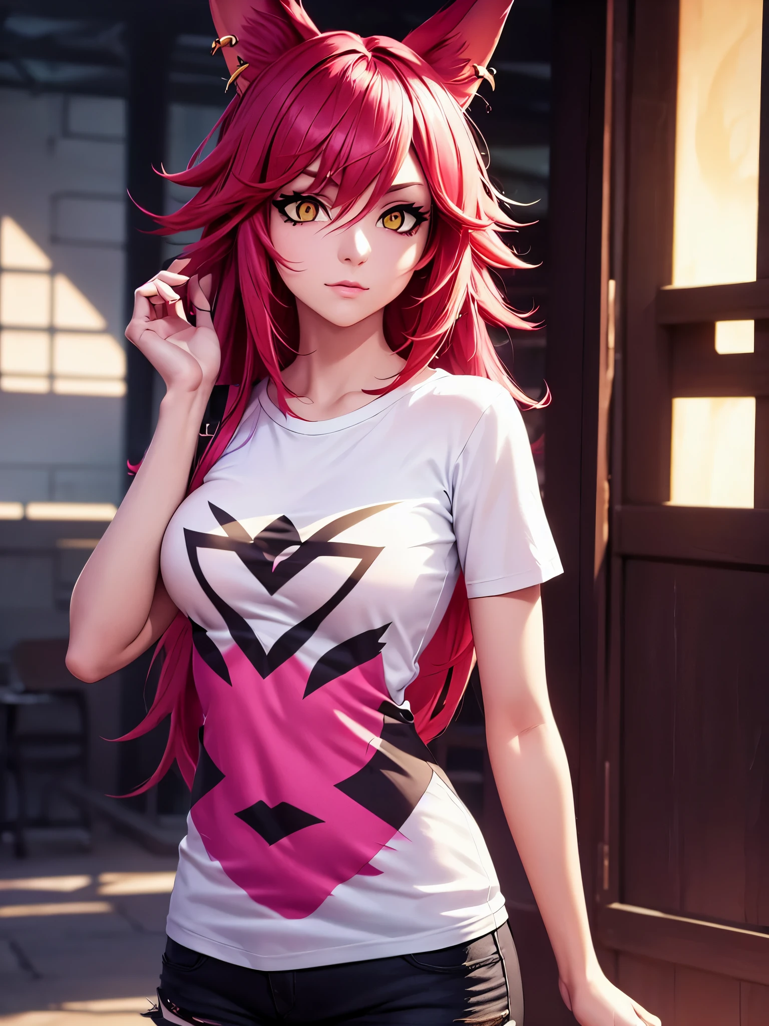 Xayah, t-shirt, animal ears, yellow eyes, pierced nose, casual clothes, portrait, stunning, hair over shoulder, hoodless, beautiful, 4k, ultra-detailed, realistic, vibrant colors, soft lighting