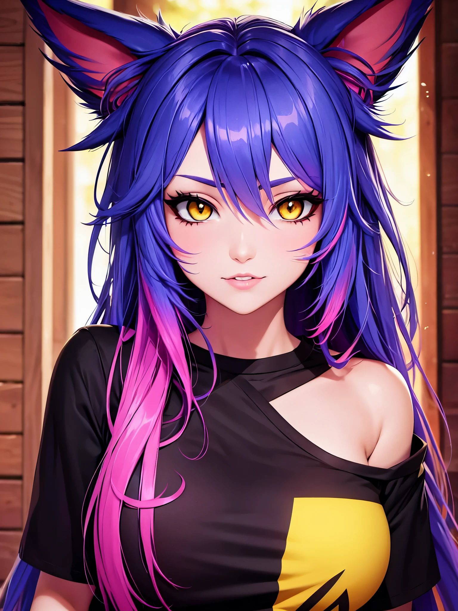 Xayah, t-shirt, animal ears, yellow eyes, pierced nose, casual clothes, portrait, stunning, hair over shoulder, hoodless, beautiful, 4k, ultra-detailed, realistic, vibrant colors, soft lighting