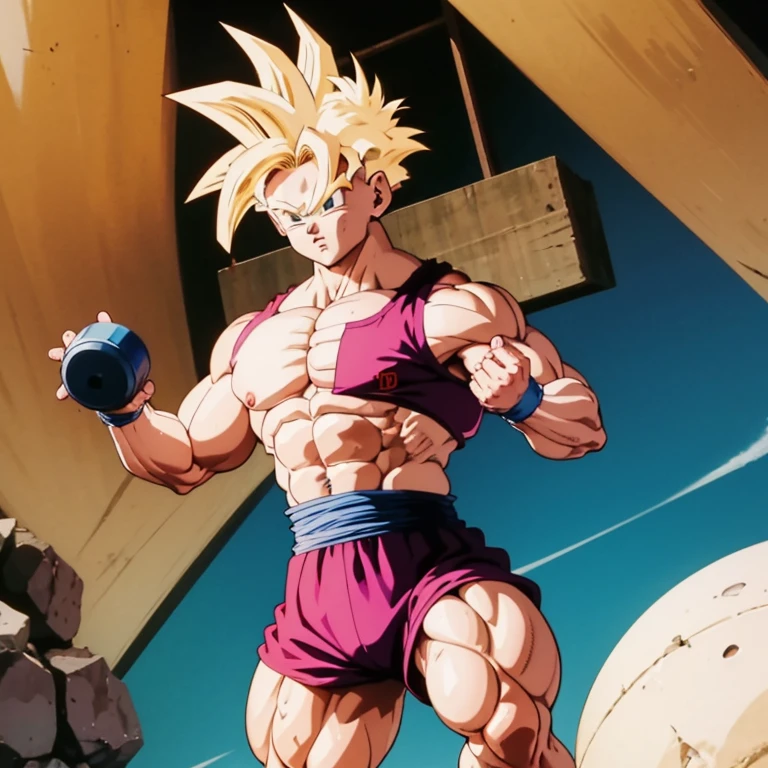 (Eine detaillierte Zeichnung von gohan, bodybuilding gym.), shirtless, huge muscle Body, Big Bizeps, Big shoulders, muscukar legs,abs, barefoot, mma, Full body image