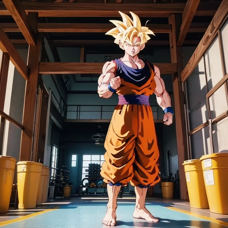 (Eine detaillierte Zeichnung von Son Goku, bodybuilding gym.), shirtless, barefoot