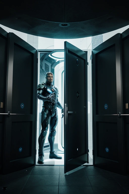 the guardian of the portals is a strong man wearing futuristic black armor standing in front of multiple dimensional portals guarding the entrance, behind it, inside each portal there is a random image of the dimension corresponding to that portal and we will choose one