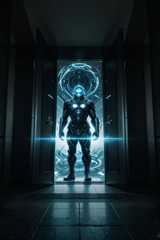 the guardian of the portals is a strong man wearing futuristic black armor standing in front of multiple dimensional portals guarding the entrance, behind it, inside each portal there is a random image of the dimension corresponding to that portal and we will choose one