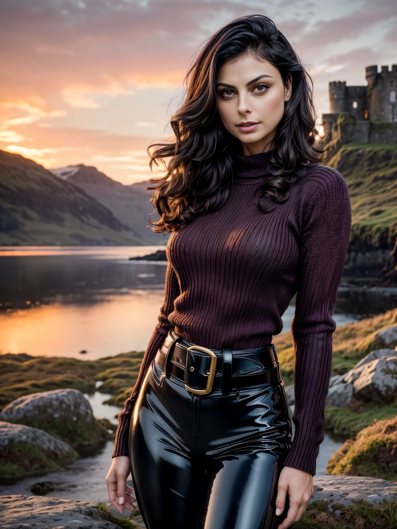 Foreground: a gorgeous woman (Morena Baccarin), wet wavy hair in the wind. she's a men magazine model, She has a subtle smile and flirts with the camera, (she wears casual shirt with a knitted sweater and latex pants with big belt:1.2), background landscape of Scotland Loch and Scottish castle ruins, (in sunset light:1.2), , perfect eyes, perfect hands, perfect body, perfect hair, perfect breast, hair behind ear, UHD, retina, masterpiece, accurate, anatomically correct, textured skin, super detail, high details, high quality, award winning, best quality, highres, 16k, 8k, back view looking at camera
