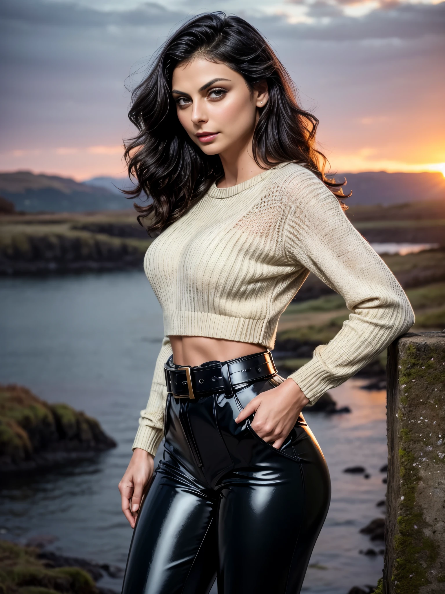 Foreground: a gorgeous woman (Morena Baccarin), wet wavy hair in the wind. she's a men magazine model, She has a subtle smile and flirts with the camera, (she wears casual shirt with a knitted sweater and latex pants with big belt:1.2), background landscape of Scotland Loch and Scottish castle ruins, (in sunset light:1.2), , perfect eyes, perfect hands, perfect body, perfect hair, perfect breast, hair behind ear, UHD, retina, masterpiece, accurate, anatomically correct, textured skin, super detail, high details, high quality, award winning, best quality, highres, 16k, 8k, back view looking at camera
