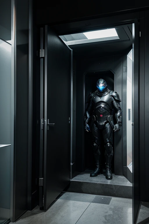the guardian of the portals is a strong man wearing futuristic black armor standing in front of multiple dimensional portals guarding the entrance, behind him inside each portal there is a random image of the dimension corresponding to that portal