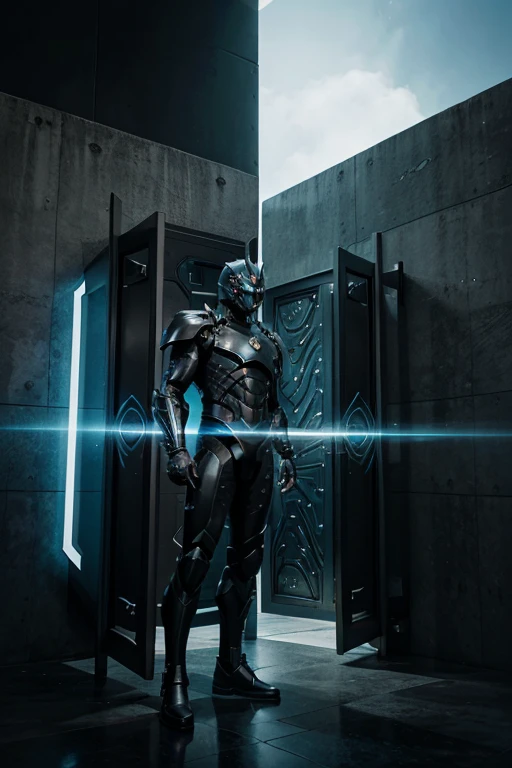 the guardian of the portals is a strong man wearing futuristic black armor standing in front of multiple dimensional portals guarding the entrance, behind him inside each portal there is a random image of the dimension corresponding to that portal
