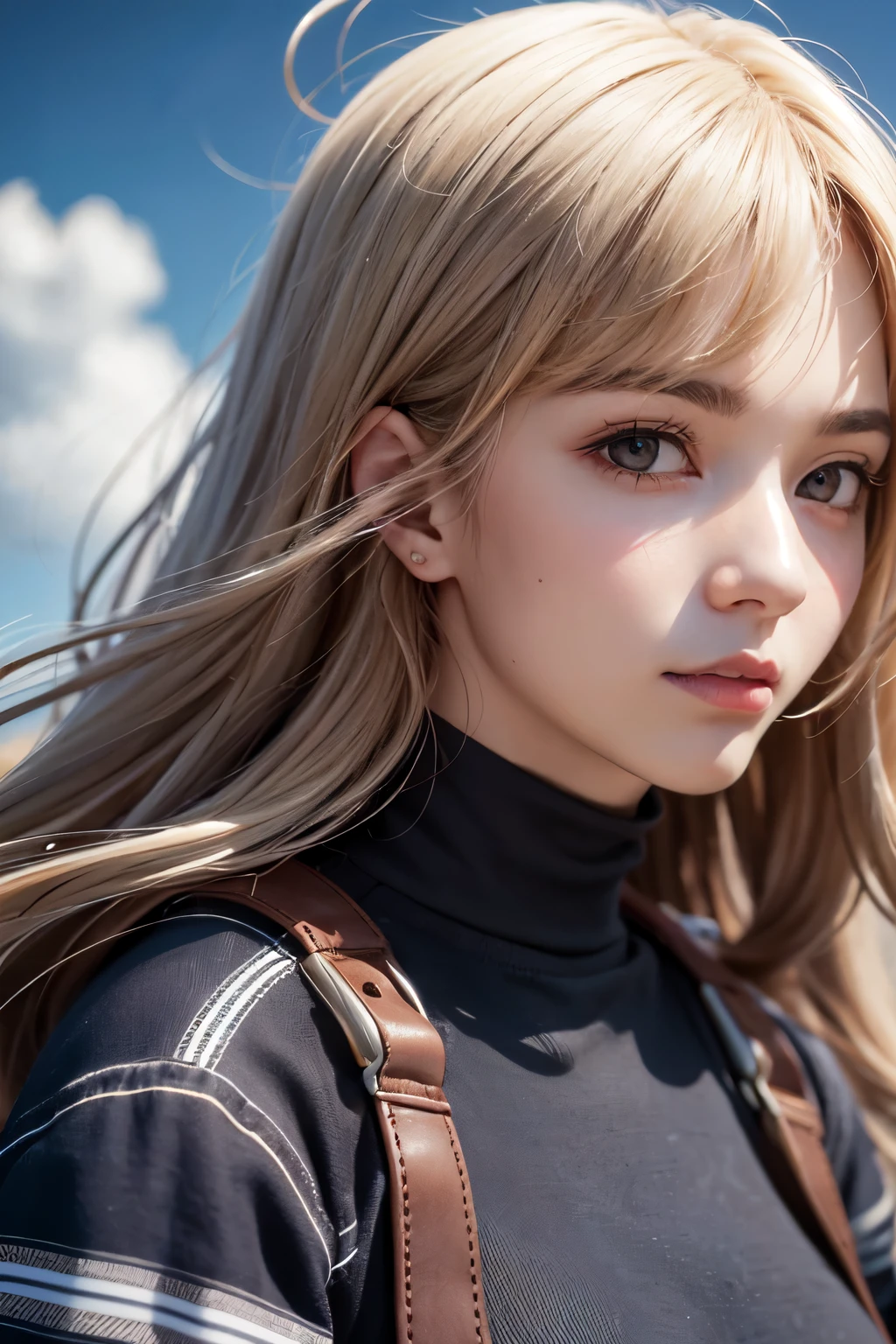 solo, woman, goddess of victory, beautiful sky, detailed clouds, warm lighting, long hair, shiny hair, light smile, dark eyes, detailed beautiful face and eyes, cinematic lighting, jpeg artifacts, Eye-Level Shot, drop shadow, depth of field, atmospheric perspective, tachi-e, hyperrealism, masterpiece, retina, accurate, best quality, highres, 8K, super detailed