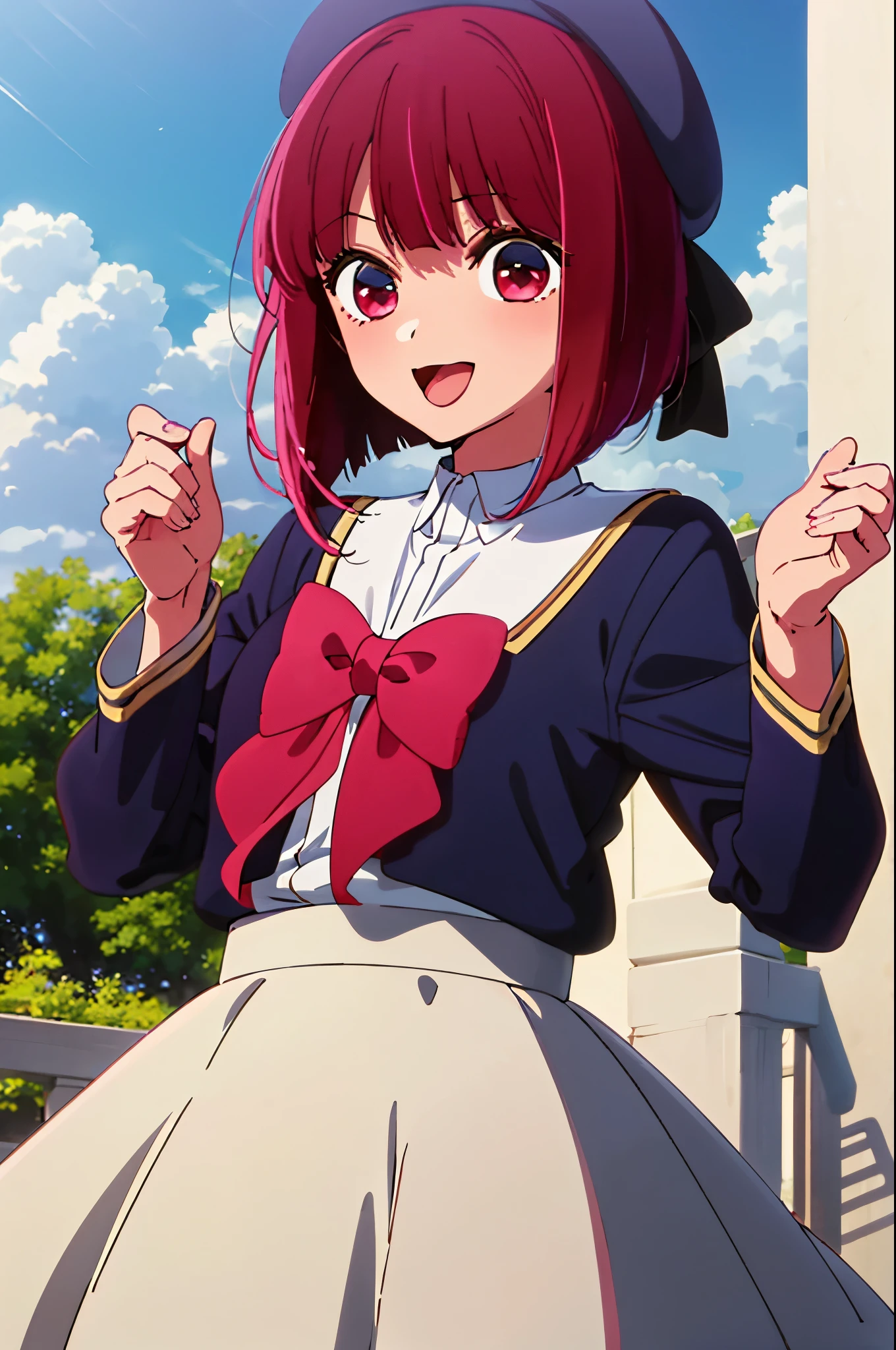 master piece, best quality, ultra high resolution, highest quality, anime style, best writing, beautiful face, masterpiece、very detailed、(1 girl:1.2)、redhead、school uniform、big red ribbon on the chest, Big eyes、laughter、morning, 8K、short hair、beret、(((anime style)))、shining eyes、