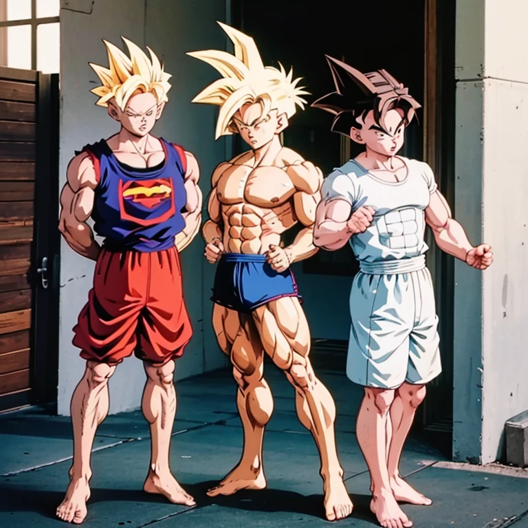 (Eine detaillierte Zeichnung von gohan , jung, bodybuilding gym.), shirtless, huge muscle Body, Big Bizeps, Big shoulders, muscukar legs,abs, barefoot, squats, Full body image