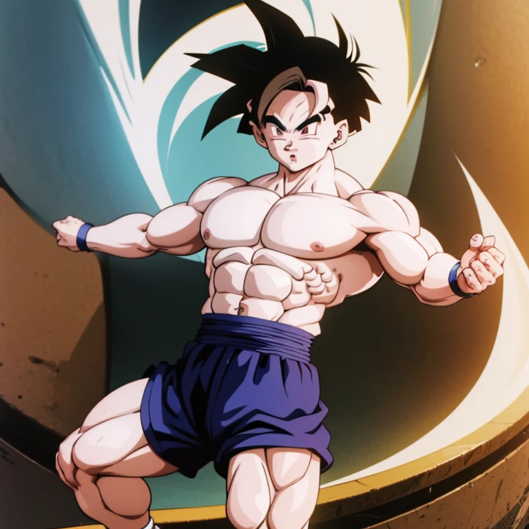 (Eine detaillierte Zeichnung von gohan, bodybuilding gym.), shirtless, huge muscle Body, Big Bizeps, Big shoulders, muscukar legs,abs, barefoot, mma, Full body image