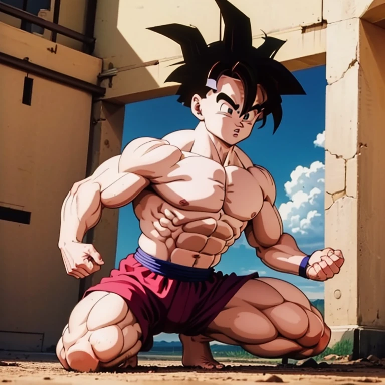 (Eine detaillierte Zeichnung von gohan, bodybuilding gym.), shirtless, huge muscle Body, Big Bizeps, Big shoulders, muscukar legs,abs, barefoot, mma, Full body image