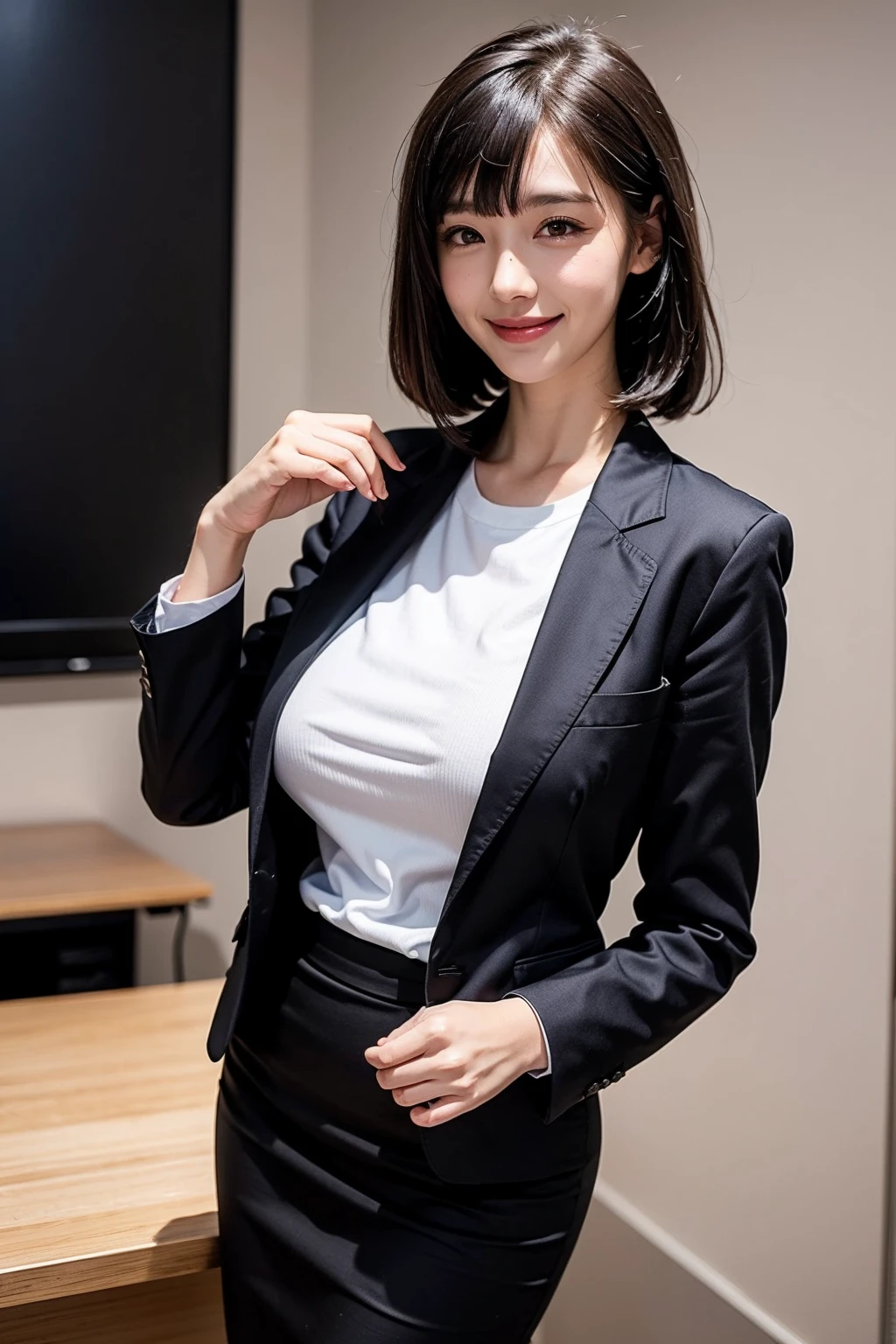 Highest quality、masterpiece、8k、Very detailed、Realistic、(One girl)、(Looking at me with a smile:1.5)、whole body、Black Hair、Small face、(Slender:1.2)、(Big Breasts:1.2)、(White business shirt with buttons and a collar:1.2)、(short tight skirt in gray,:1.2)、(Grey business jacket:1.2)、Leaning forward