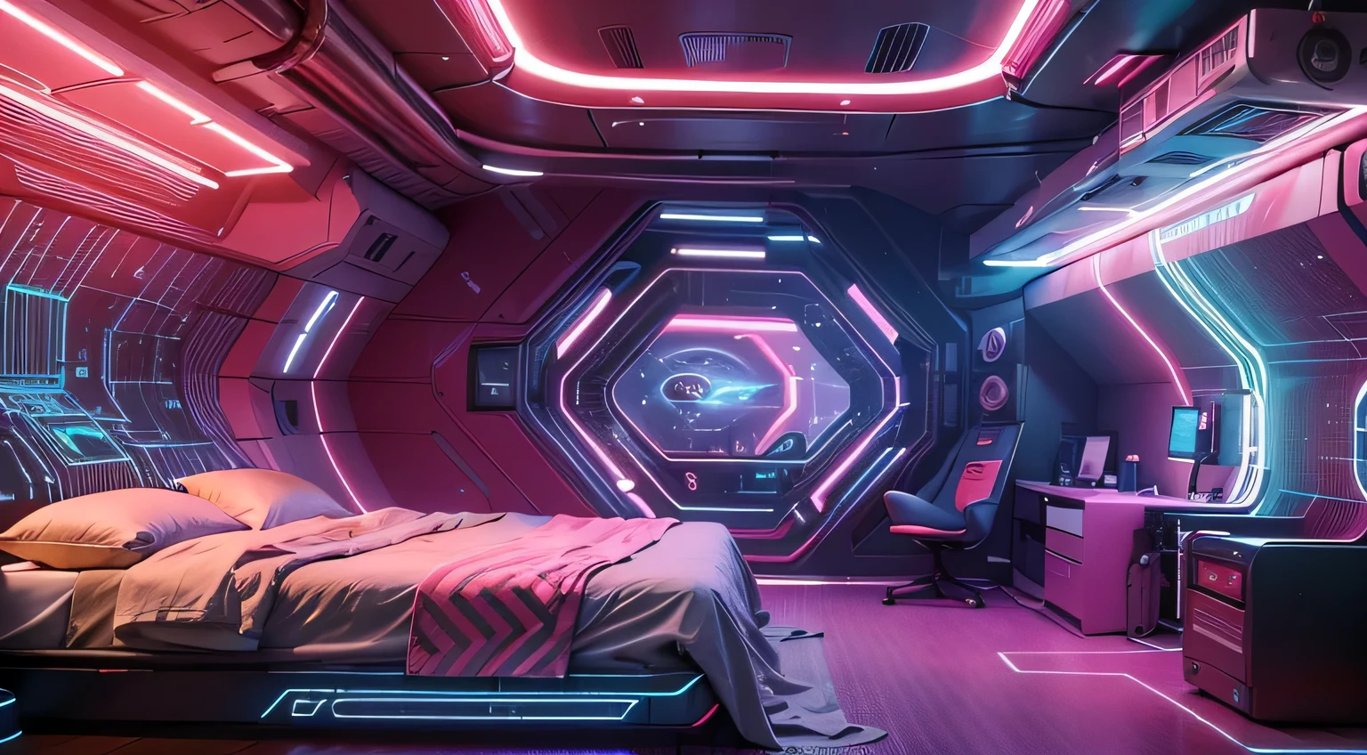 Best image quality, Masterpiece, Ultra-high resolution, (Fidelity:1.4), Photo, Movie, ((cyber punk perssonage)), cyber outfit, Futuristic, ((Award-winning ultra-realistic photos)),(Hyper-detailing),(Complicated details),(High resolution CGI artwork 8k),Futuristic cyberpunk spaceship bedroom, Futuristic style,There are many colors and LED lights。Create depth with atmospheric lightings。Use atmospheric and volumetric lighting to enhance space detail。The room should be illuminated by neon lights, Pastel textured colored background, Colourful, vibrant