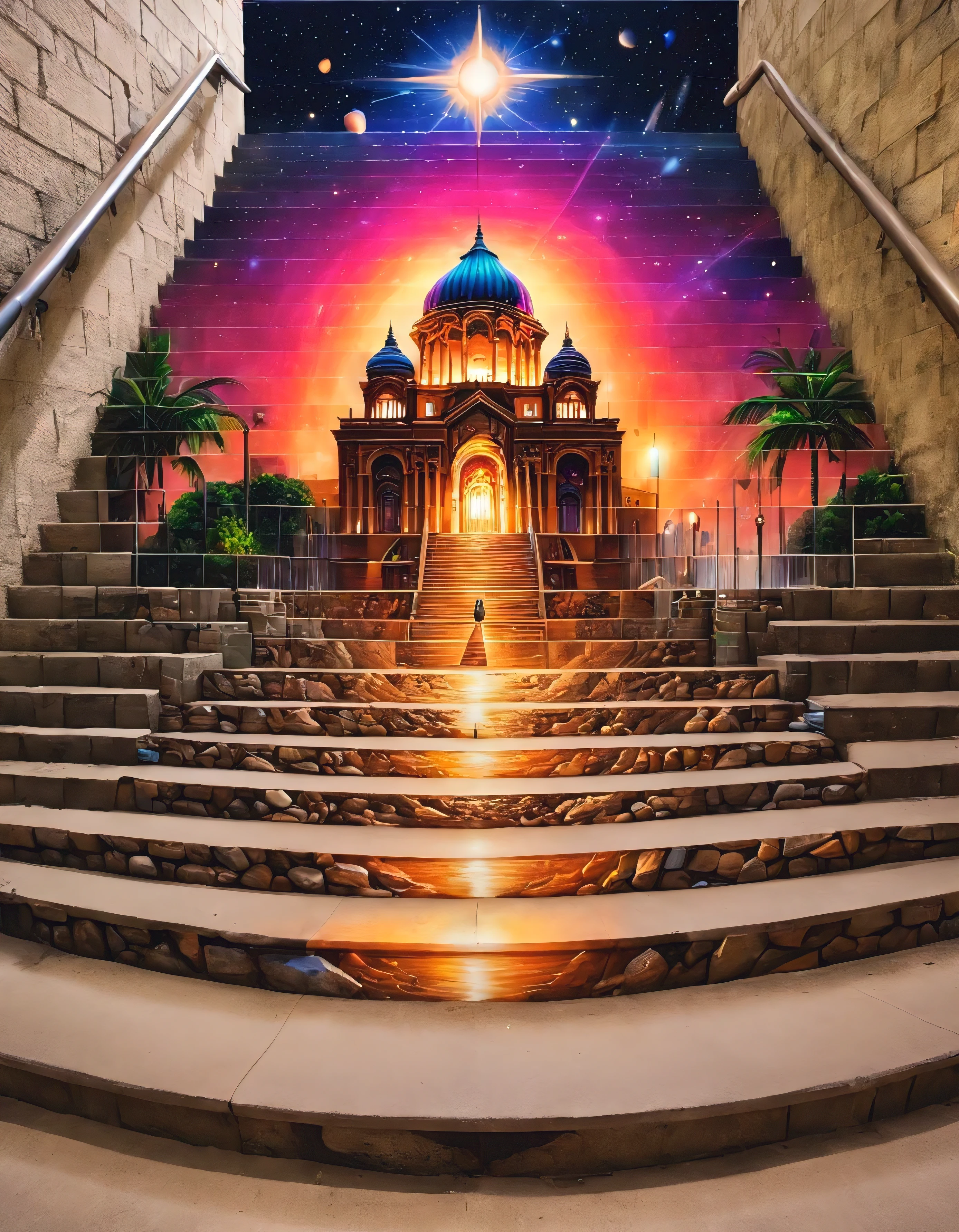 masterpiece, best quality, stair-art, babylon, nighttime, vibrant, flash-photography, high-saturation