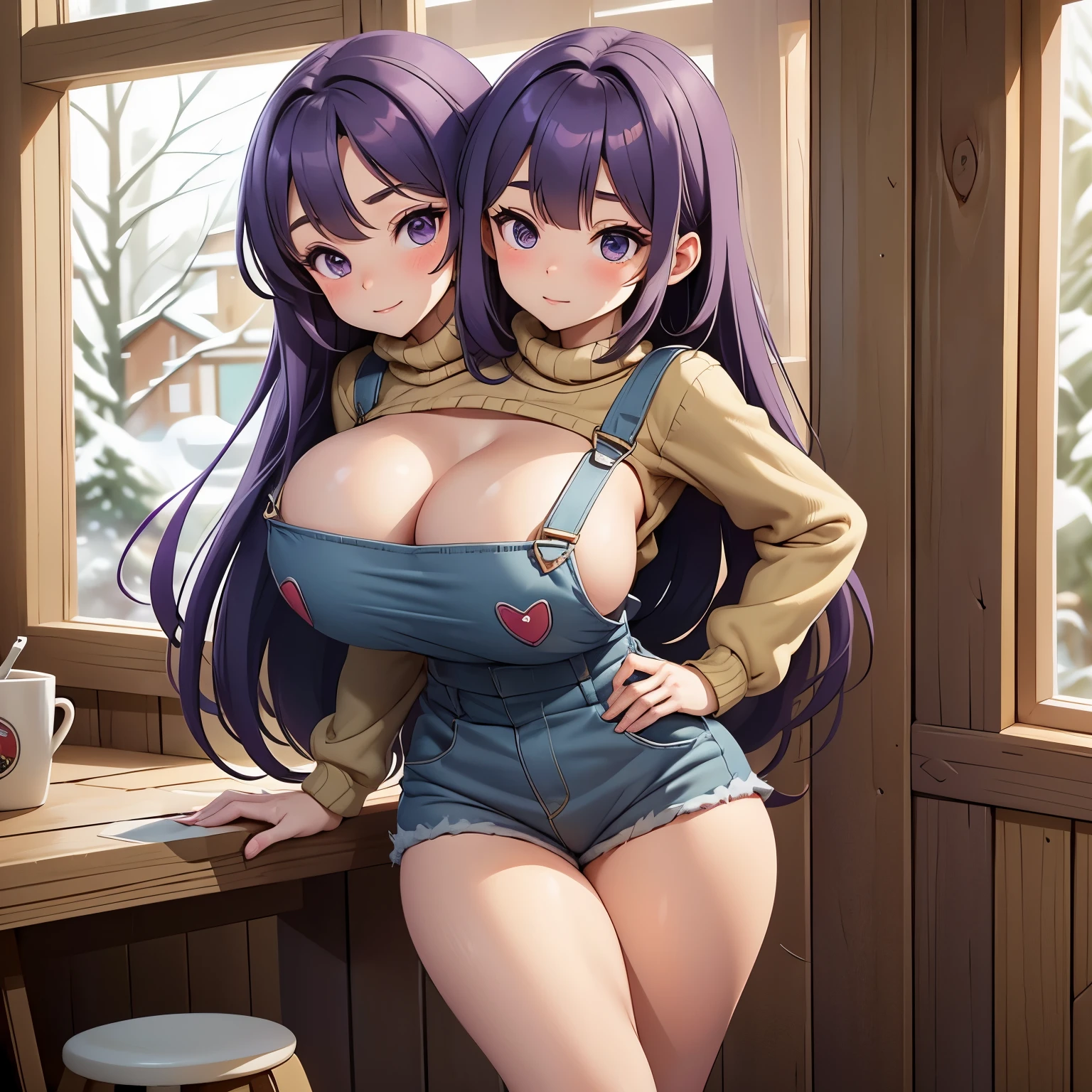 2 heads, a short skinny woman with 2 heads. Big breasts. In a cozy cabin in the winter. Wearing overalls. Wearing tiny skirt. Young. Long straight purple hair. Blushing. Adorable face. Cute. Gigantic round fake breasts. Giant erect nipples. Big boobs. Lustful. Slim tiny body. Round perky tits. Raised breasts, perky fake tits. Firm round breasts. Girlfriend. Tiny, small woman, extremely short, midget. 