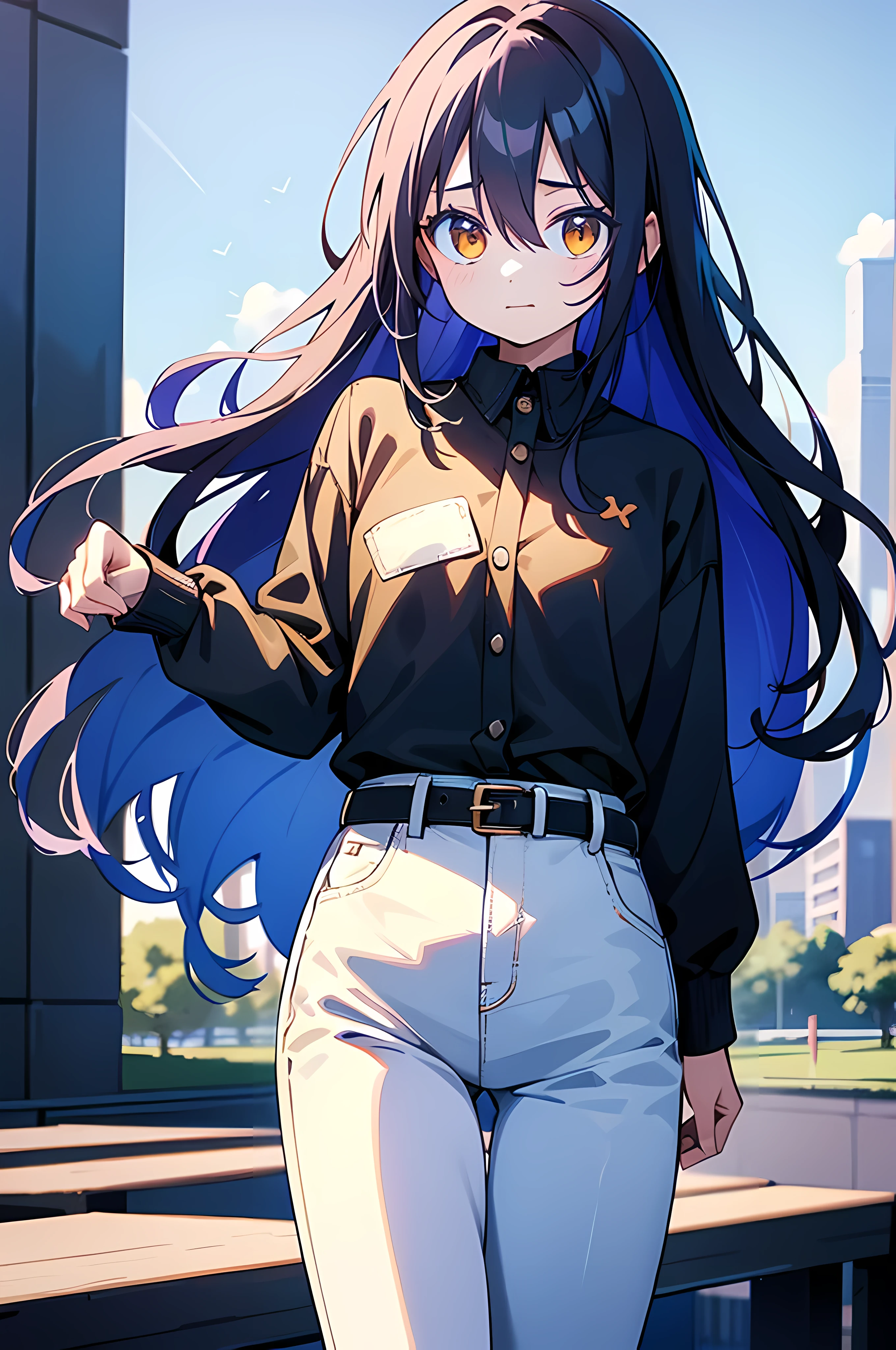 (8K Ultra High-Quality) (Masterpieces) (Image) (人物: Rimuru) 1 Girl 17years old, Long Black hair, Orange eyes colors, wearing Jean Shirt, wearing Blue Jean with cowboy belt, background in park, mysteries face looking at viewer.