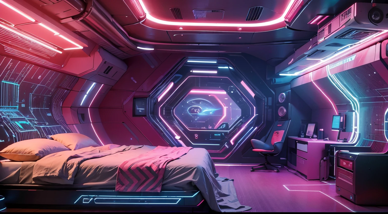 Best image quality, Masterpiece, Ultra-high resolution, (Fidelity:1.4), Photo, Movie, ((cyber punk perssonage)), cyber outfit, Futuristic, ((Award-winning ultra-realistic photos)),(Hyper-detailing),(Complicated details),(High resolution CGI artwork 8k),Futuristic cyberpunk spaceship bedroom, Futuristic style,There are many colors and LED lights。Create depth with atmospheric lightings。Use atmospheric and volumetric lighting to enhance space detail。The room should be illuminated by neon lights, Pastel textured colored background, Colourful, vibrant