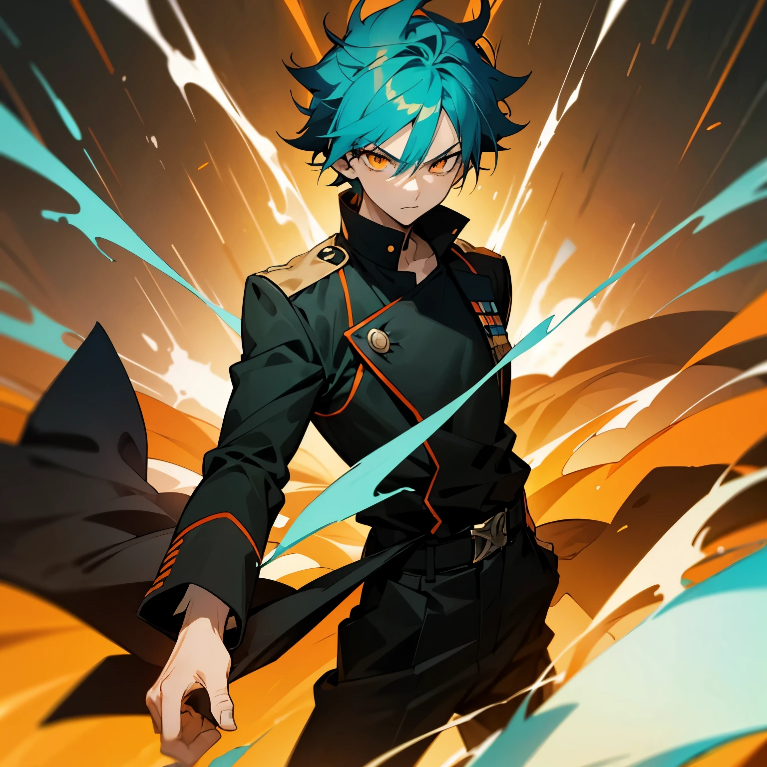 1 boy, Turquoise hair, orange eyes, black cloth, handsome, , wearing uniform, orange eye liner, light power, fighting pose, psycho look in his face