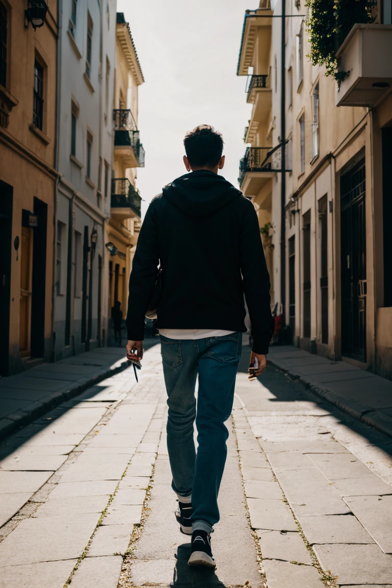 phone photo of a person walking oñthe street, natural lighting, raw style