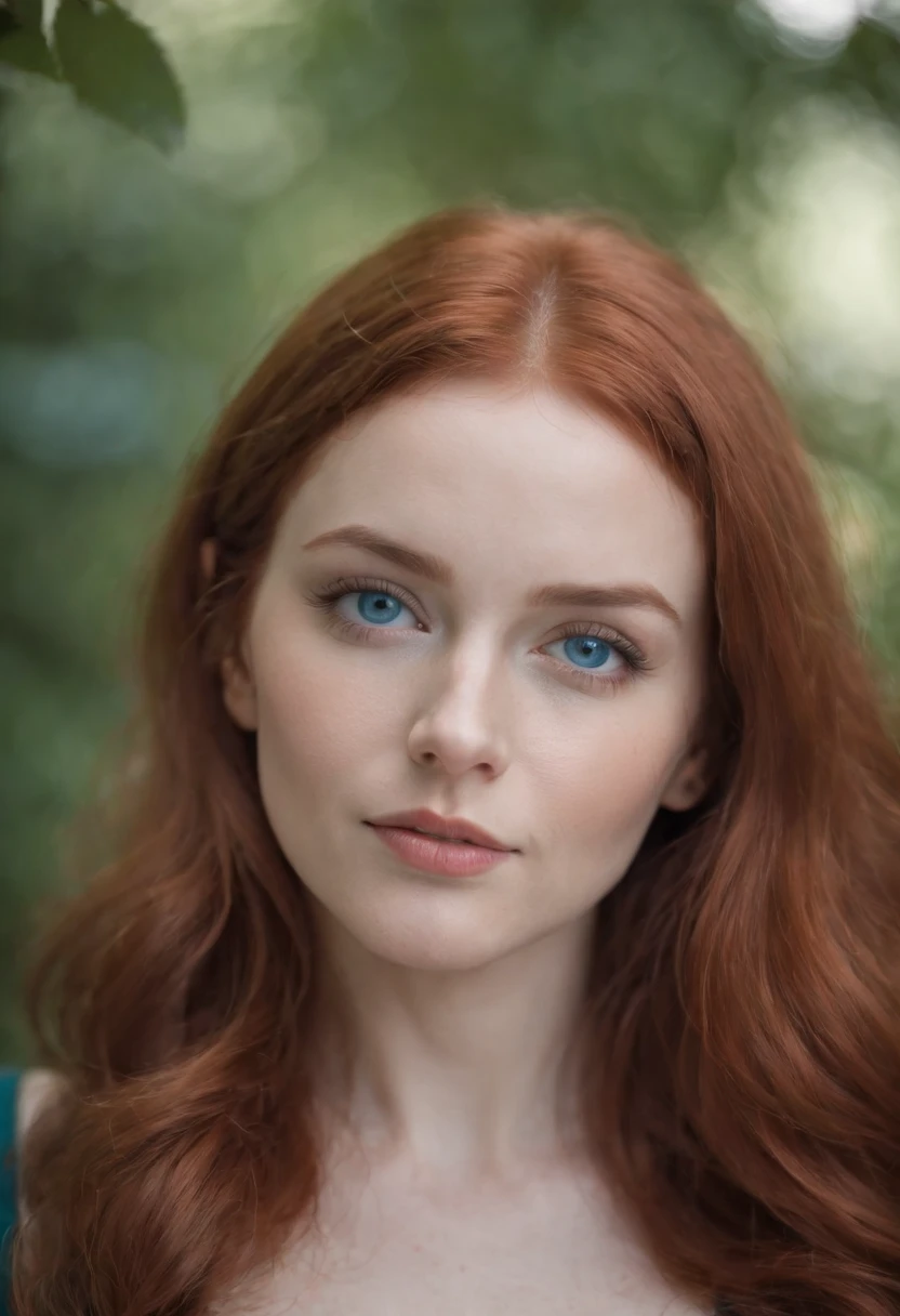 an attractive woman with blue eyes and red hair, detailed facial features, feminine curves, soft-focus portrait, emotive faces, in the style of dark teal and light teal, scoutcore, underexposure, studio light, busty --ar 3:4