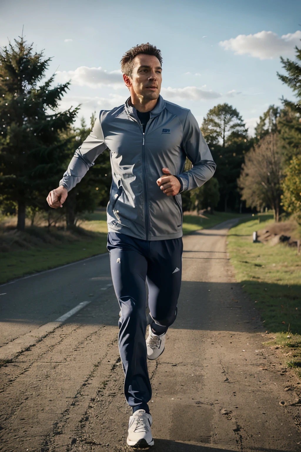 a realistic photo of a man, 30 or older, running outdoors