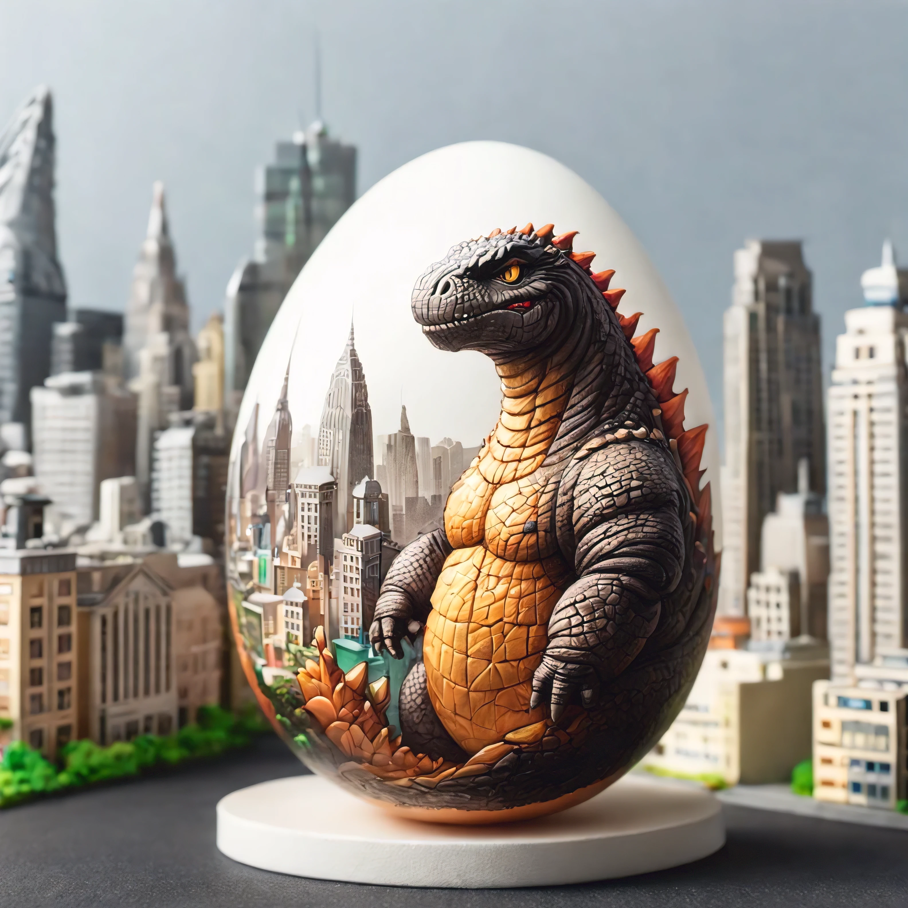 egg, godzilla,  (high detailed skin:1.2), city, 8k uhd, dslr, soft lighting, high quality, film grain, Fujifilm XT3, egg-art 