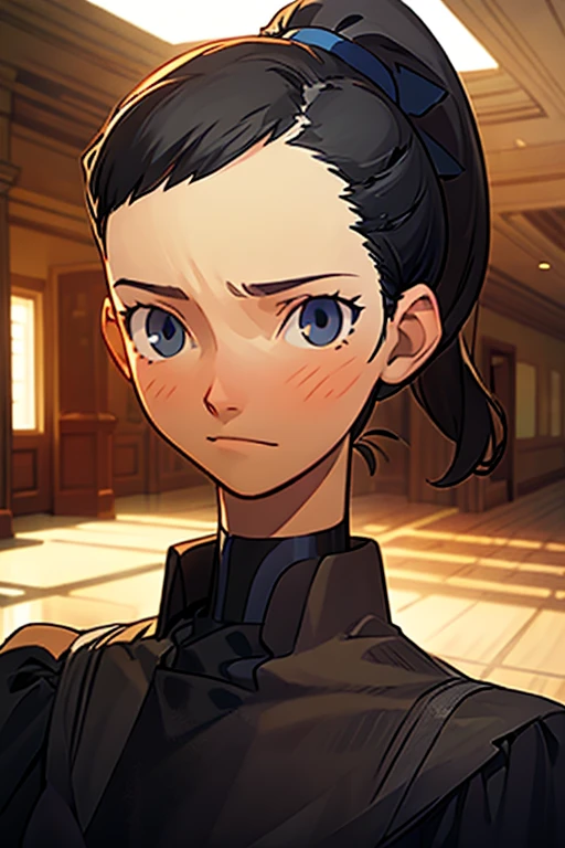 (masterpiece), best quality, expressive eyes, perfect face, ambient lighting, smooth, elegant, featured on pixiv, close-up of a girl inside school hallway, soft expression, slight smile, black hair, ponytail , mature face , tall and slender
