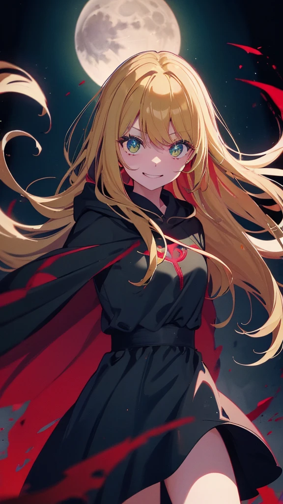 1 person、blonde、green eyes、wavy hair、smile、Big sickle、blood return、grim Reaper、black dress、hood、Red Moon