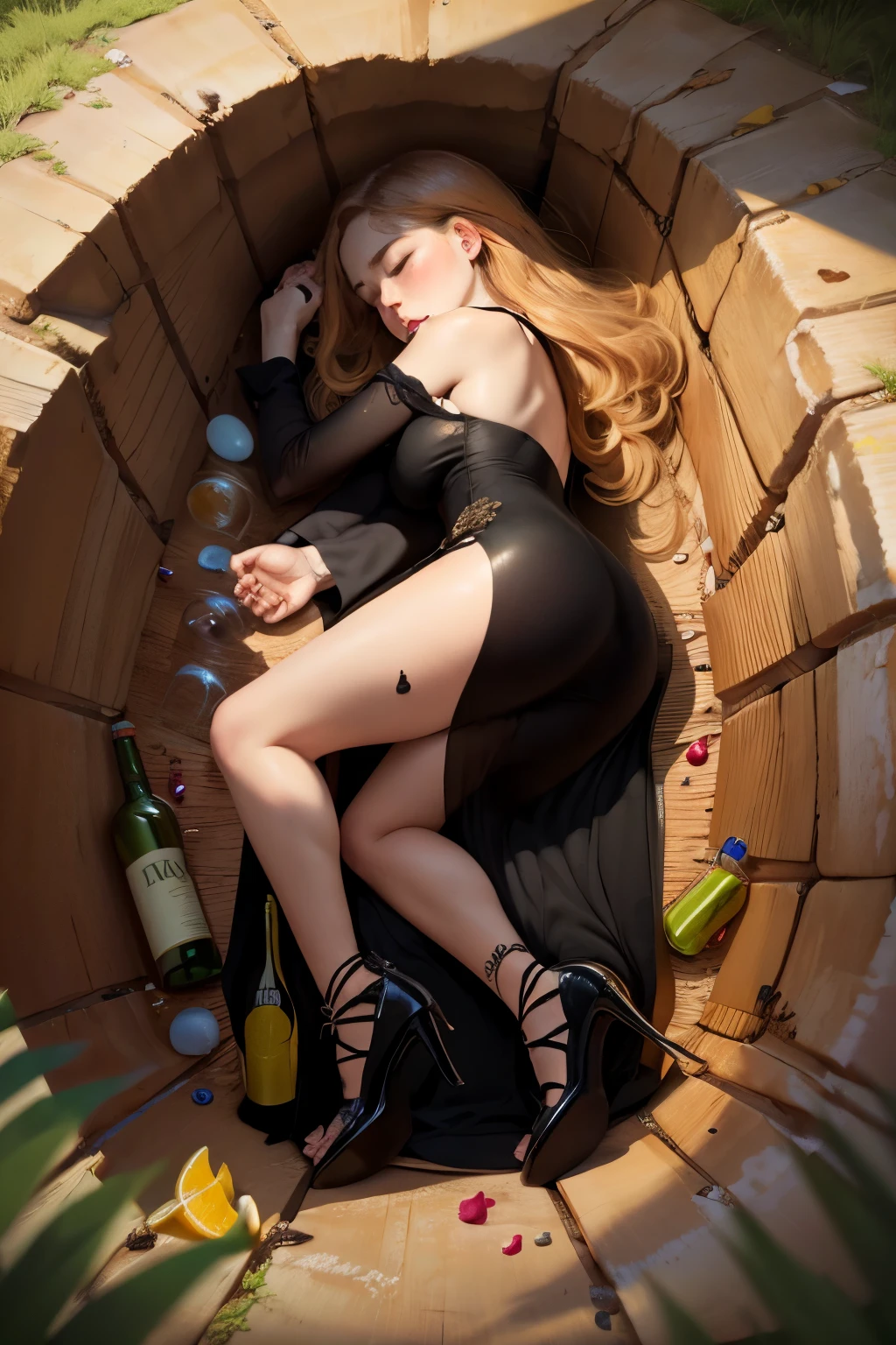 masterpiece, yamchapose, lying, on side, closed eyes, 1 woman, after party, inside hole, hugging alcohol bottle, party dress, full body